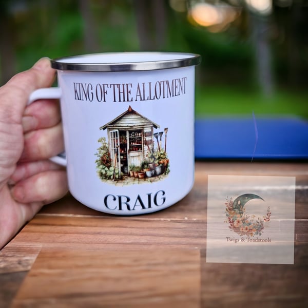 Personalised enamel King of allotment mug 