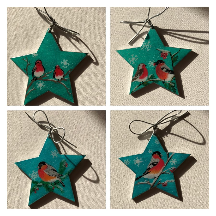 Christmas decorations, stars, winter, robins,  set of 4