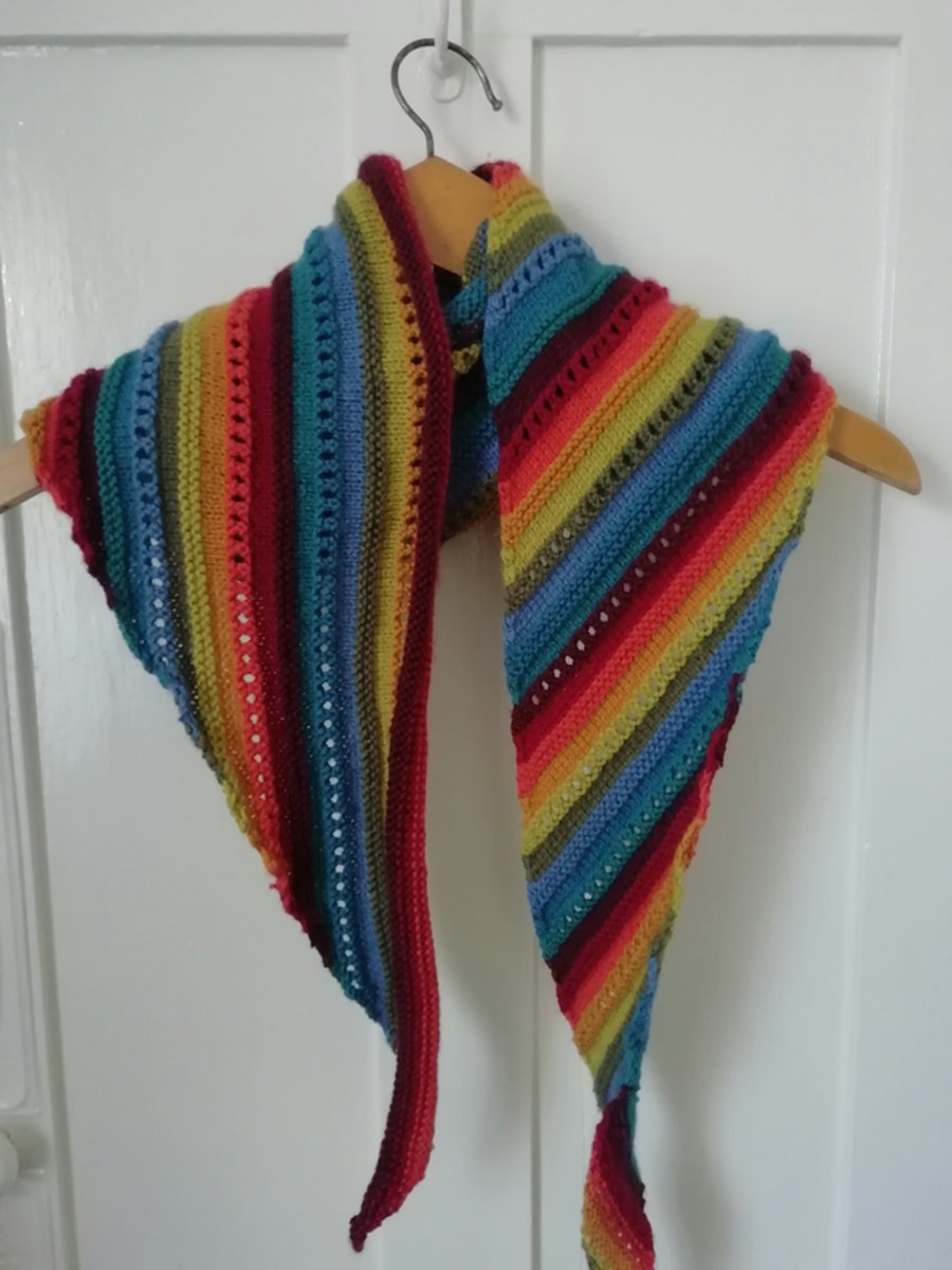 Hand knitted rainbow triangle scarf