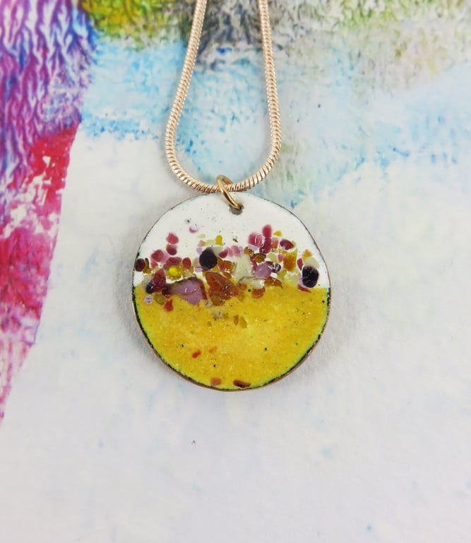 Enamel Pendant in Copper and Enamel with Colourful Glass Pieces.