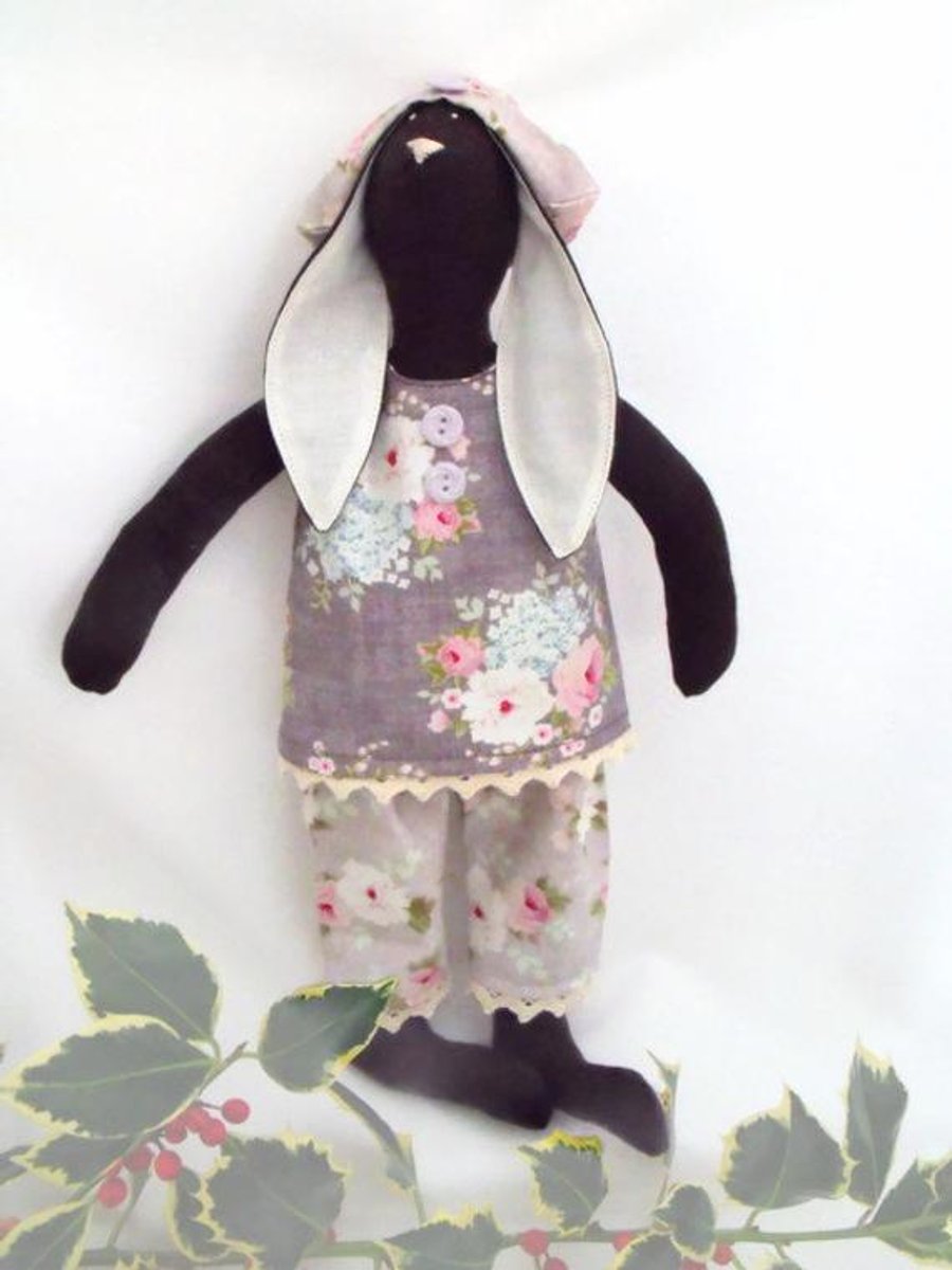 Tilda style brown bunny rabbit doll for display, light grey clothing