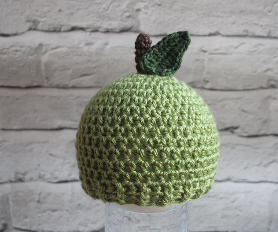 Green Apple Baby Beanie Hat - Sizes New Baby to Toddler - Handmade Hat for Girls