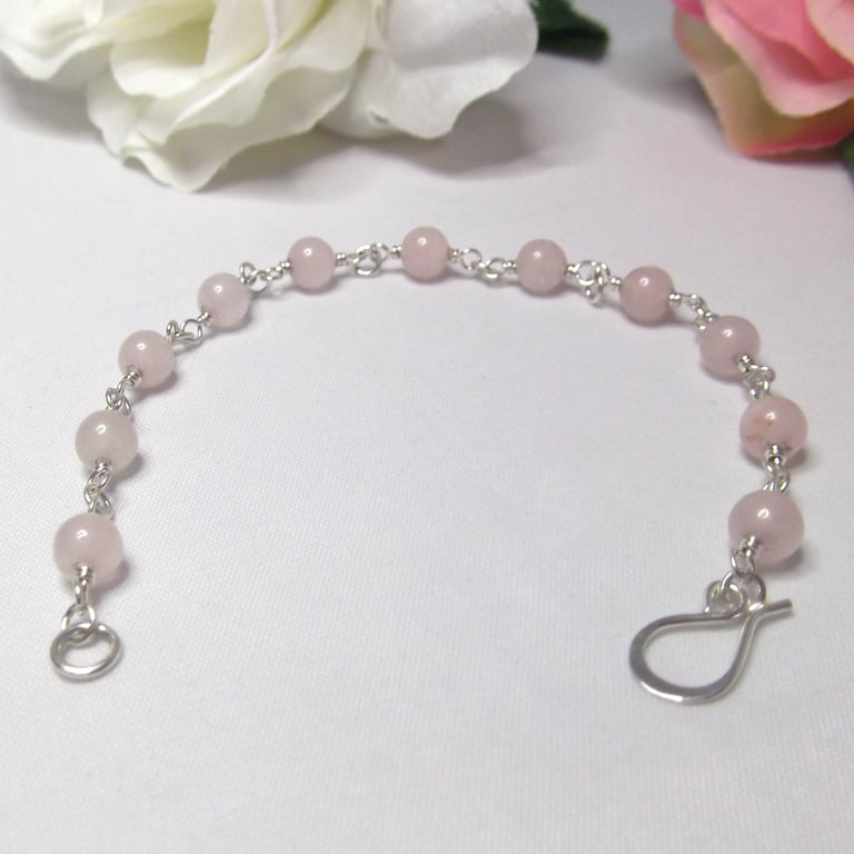 Rose Quartz gemstone bead bracelet recycled sterling silver wire wrapped links