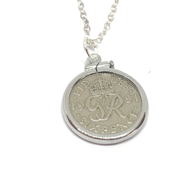 1951 73rd Birthday Anniversary sixpence coin pendant plus 18inch SS chain gift 
