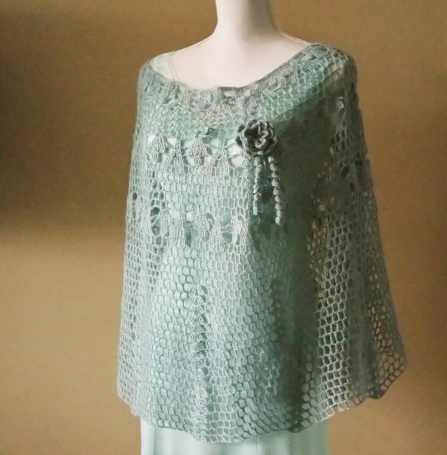 Light blue crochet wedding poncho with flower brooch all seasons long cloak