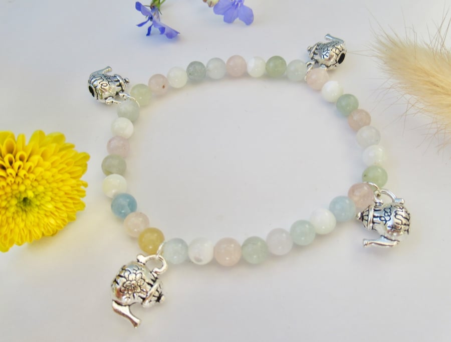 'Tea Time' whimsical teapot charm and pastel gemstone bead bracelet