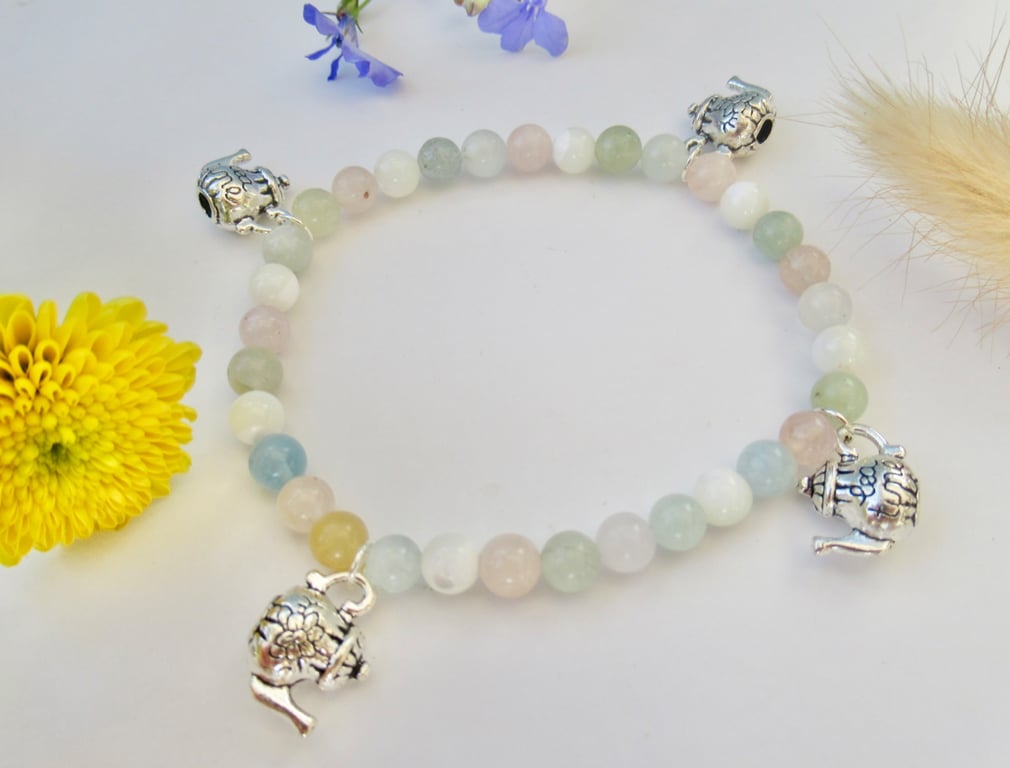 'Tea Time' whimsical teapot charm and pastel gemstone bead bracelet