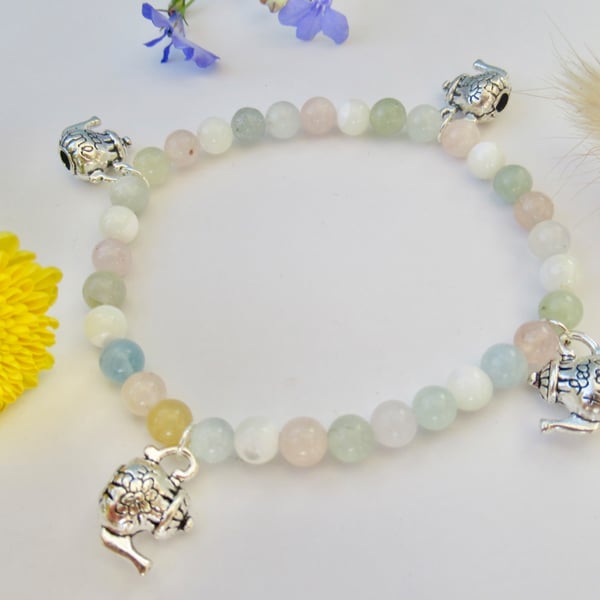'Tea Time' whimsical teapot charm and pastel gemstone bead bracelet