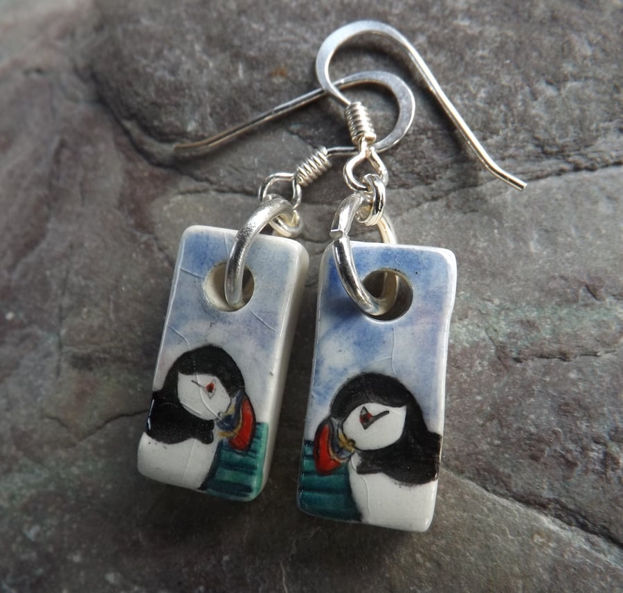 Puffin with green sea ceramic and sterling silver drop earrings