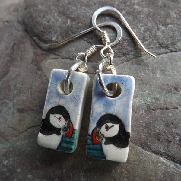 Puffin with green sea ceramic and sterling silver drop earrings