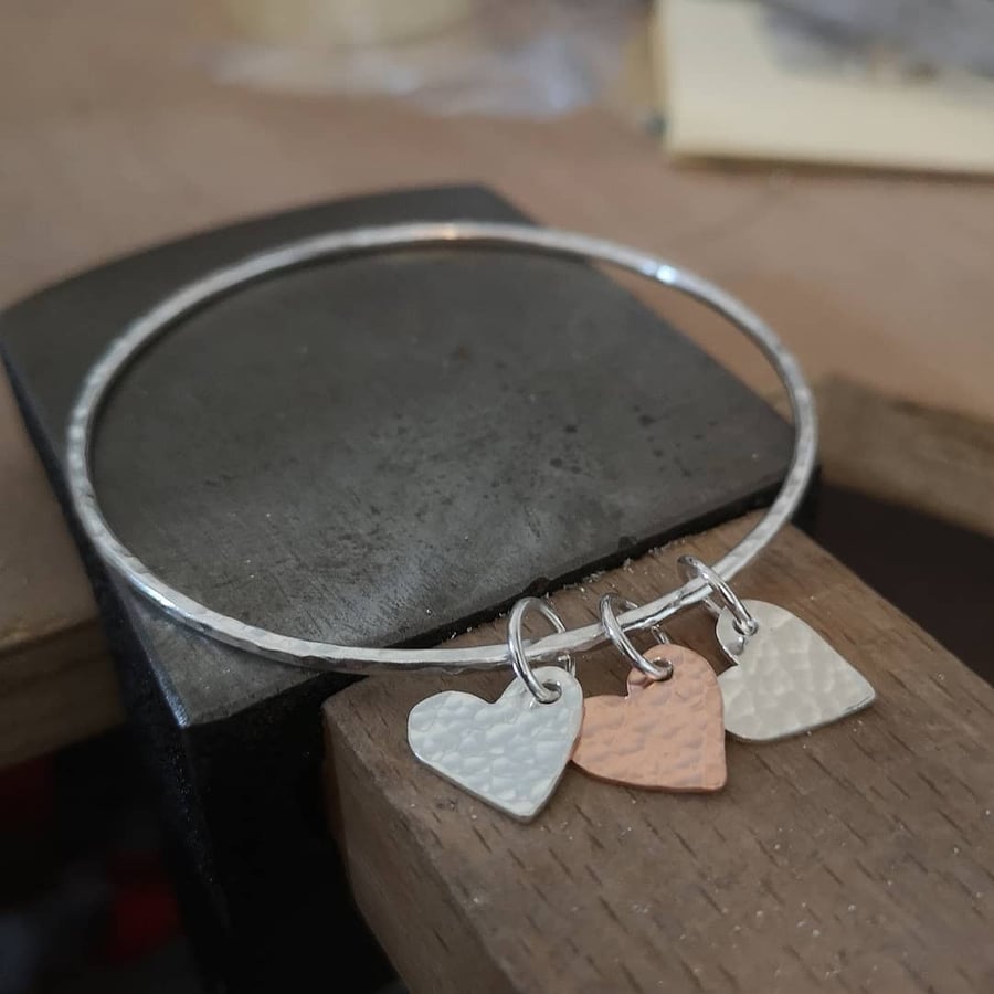 Sterling Silver and Copper Heart Charm Bangle - BAN045