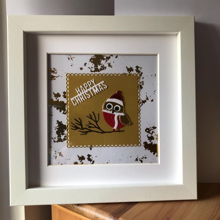 Handmade Framed Robin Art: Christmas Remembrance Keepsake Gift.