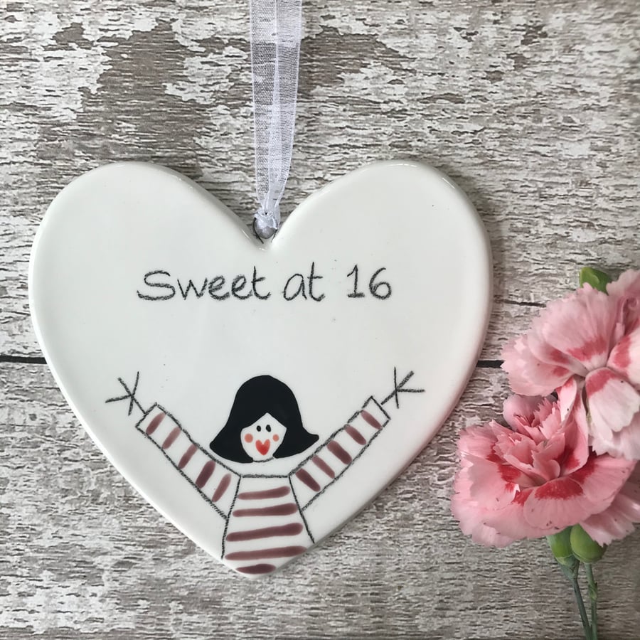 Sweet at 16 - Hand Painted Ceramic Heart