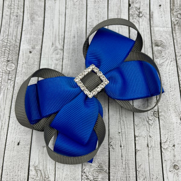Royal Blue Double Layer Bow with Grey Loops on Clip
