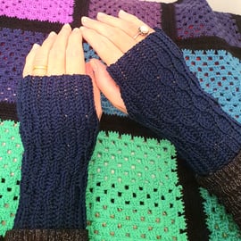 Crocheted fingerless gloves in navy blue mercerised cotton. FREE delivery.