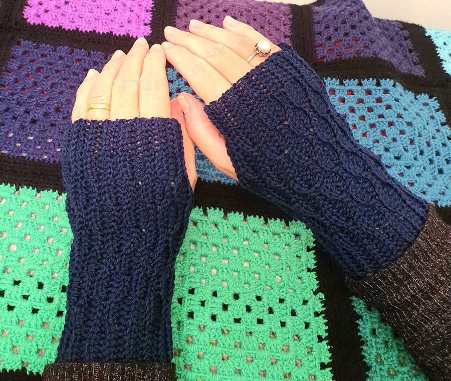 Crocheted fingerless gloves in navy blue mercerised cotton. FREE delivery.