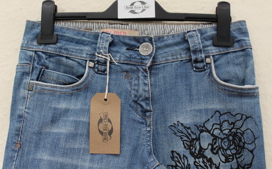 Ladies UK size 8,Eco reworked jeans,rose screen print unique,vintage 90's jeans,