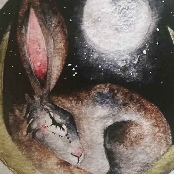  Print from my Original Resting Hare Rabbit under the Moon Watercolour  Painting