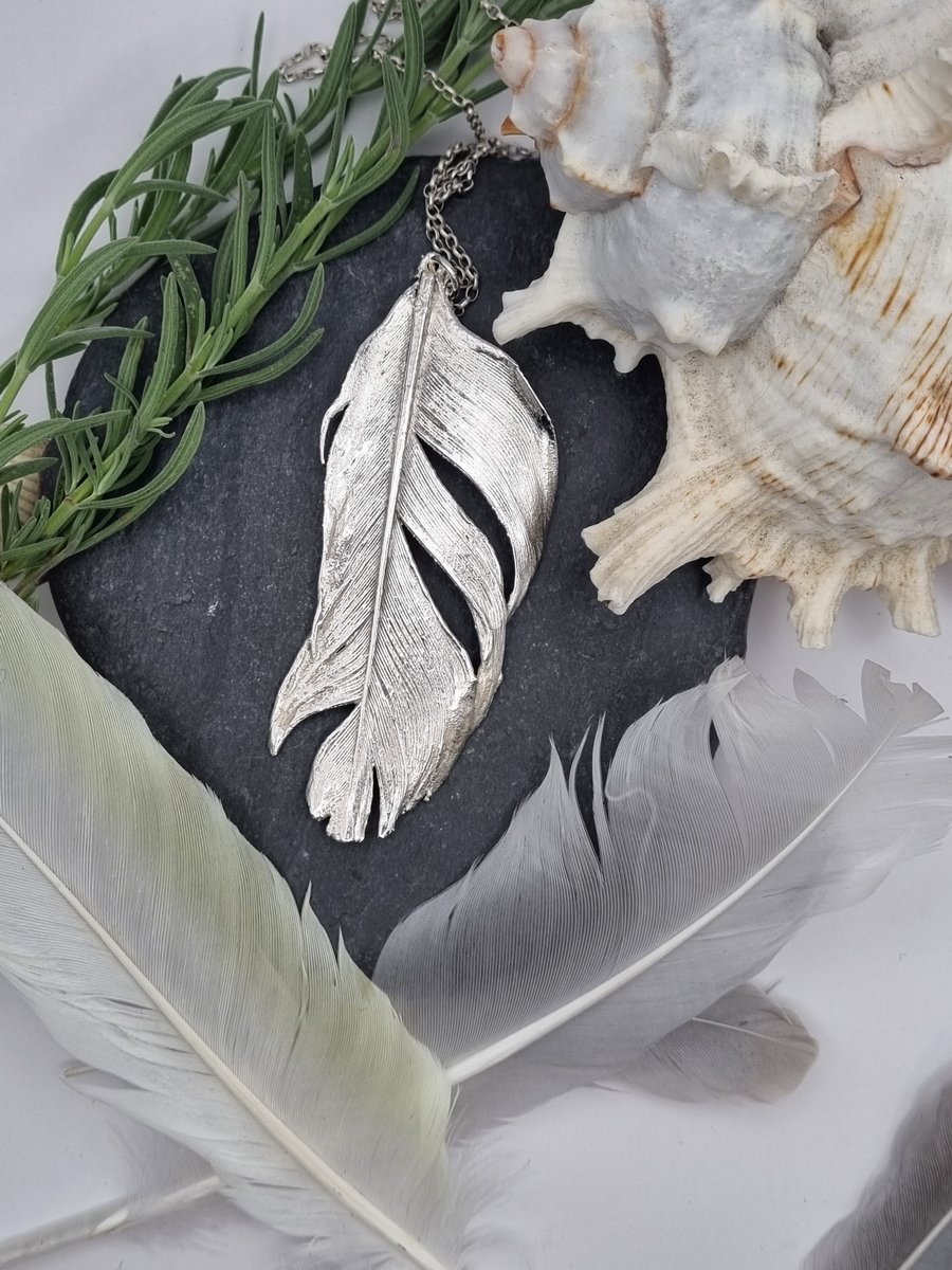 Real feather preserved in silver pendant necklace, large
