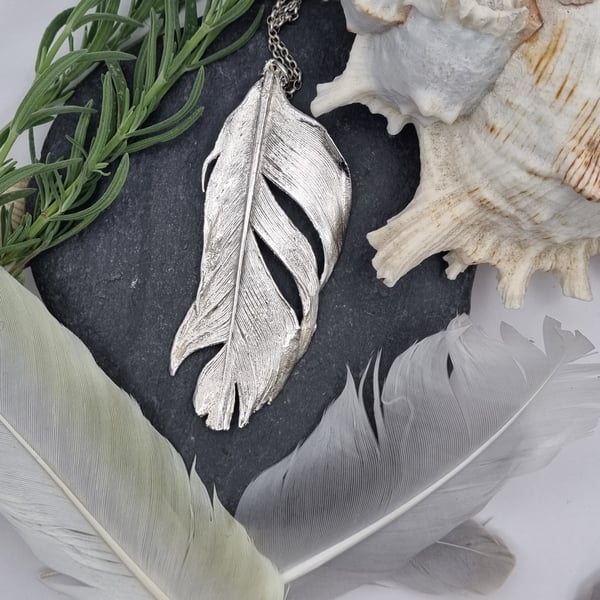 Real feather preserved in silver pendant necklace, large