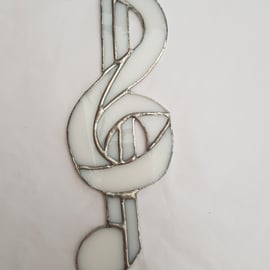369 Stained Glass white Music Clef - handmade hanging decoration.