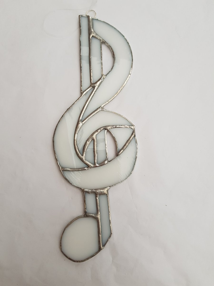 369 Stained Glass white Music Clef - handmade hanging decoration.