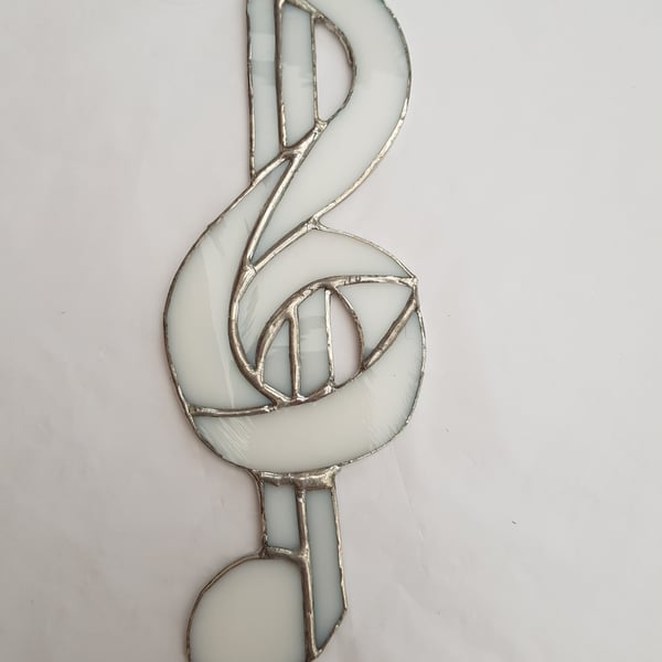 369 Stained Glass white Music Clef - handmade hanging decoration.