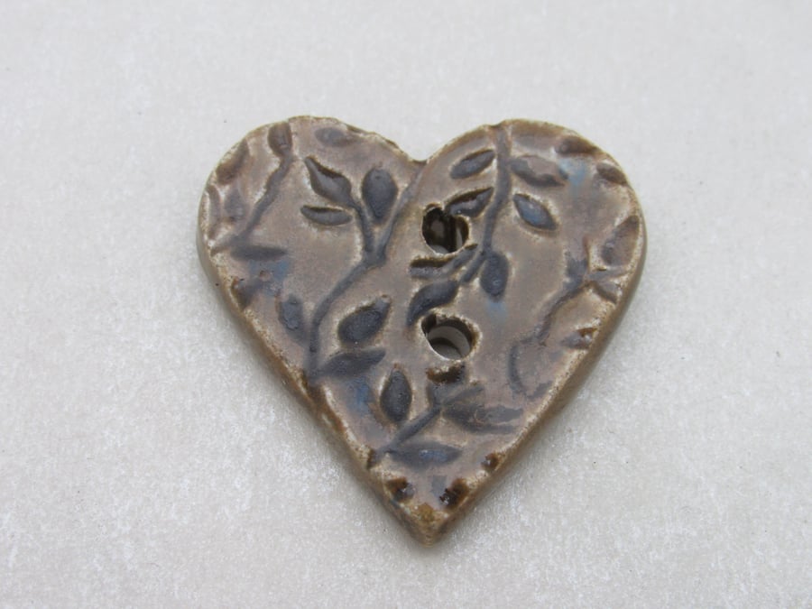 Medium Stormy Olive Leaf Sprig Texture Heart Shaped Ceramic Button