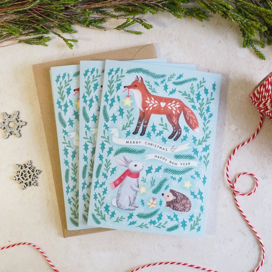 Pack of 4 Folk Forest Animals Christmas cards 