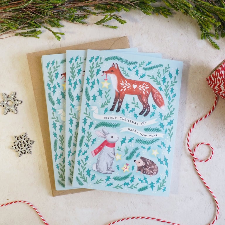 Pack of 4 Folk Forest Animals Christmas cards 