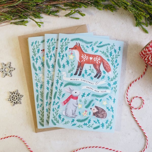 Pack of 4 Folk Forest Animals Christmas cards 
