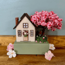 Handmade Cream Wooden Blossom Tree Cottage House, Scandinavian Spring Decor