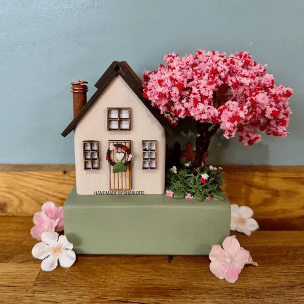 Handmade Cream Wooden Blossom Tree Cottage House, Scandinavian Spring Decor
