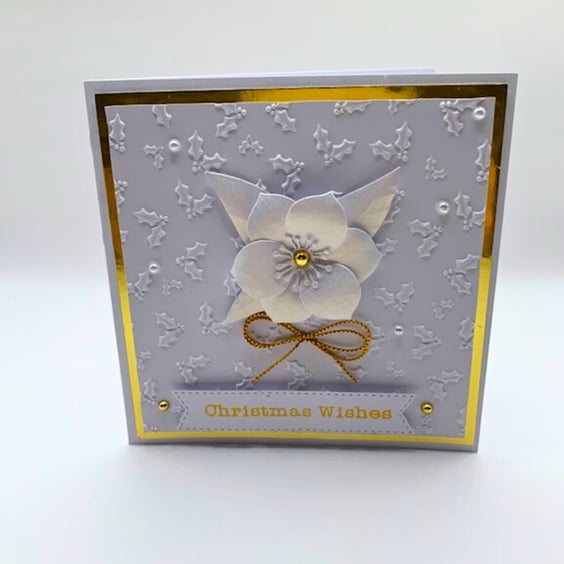 Elegant Handmade Christmas Card -  White & Gold Christmas Rose