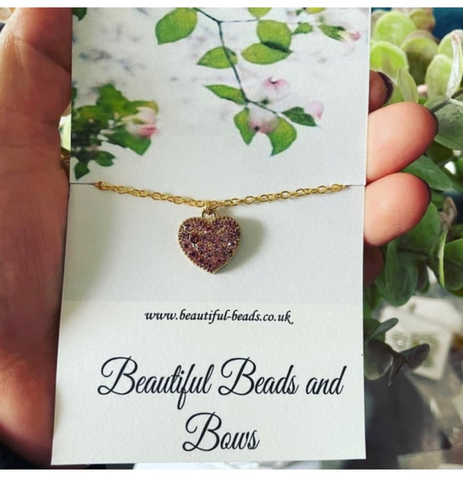 Pink rhinestone heart pendant goldtone necklace 16 inches