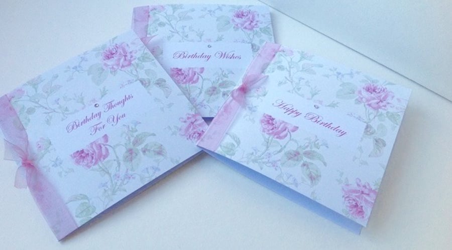 Birthday Card Pk of 3,'Vintage Flowers'Handfinished Greeting Cards.