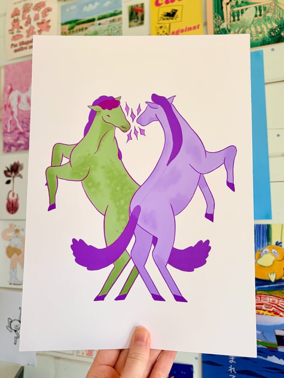 Green vs Purple Horses A5 and A4 Print