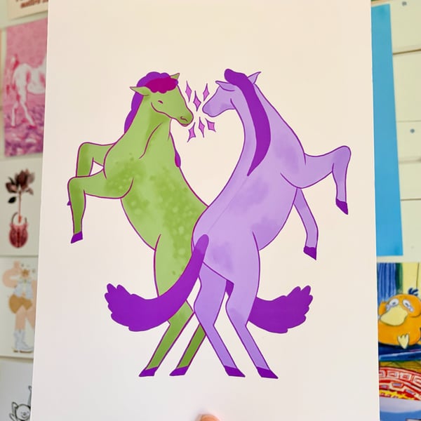 Green vs Purple Horses A5 and A4 Print