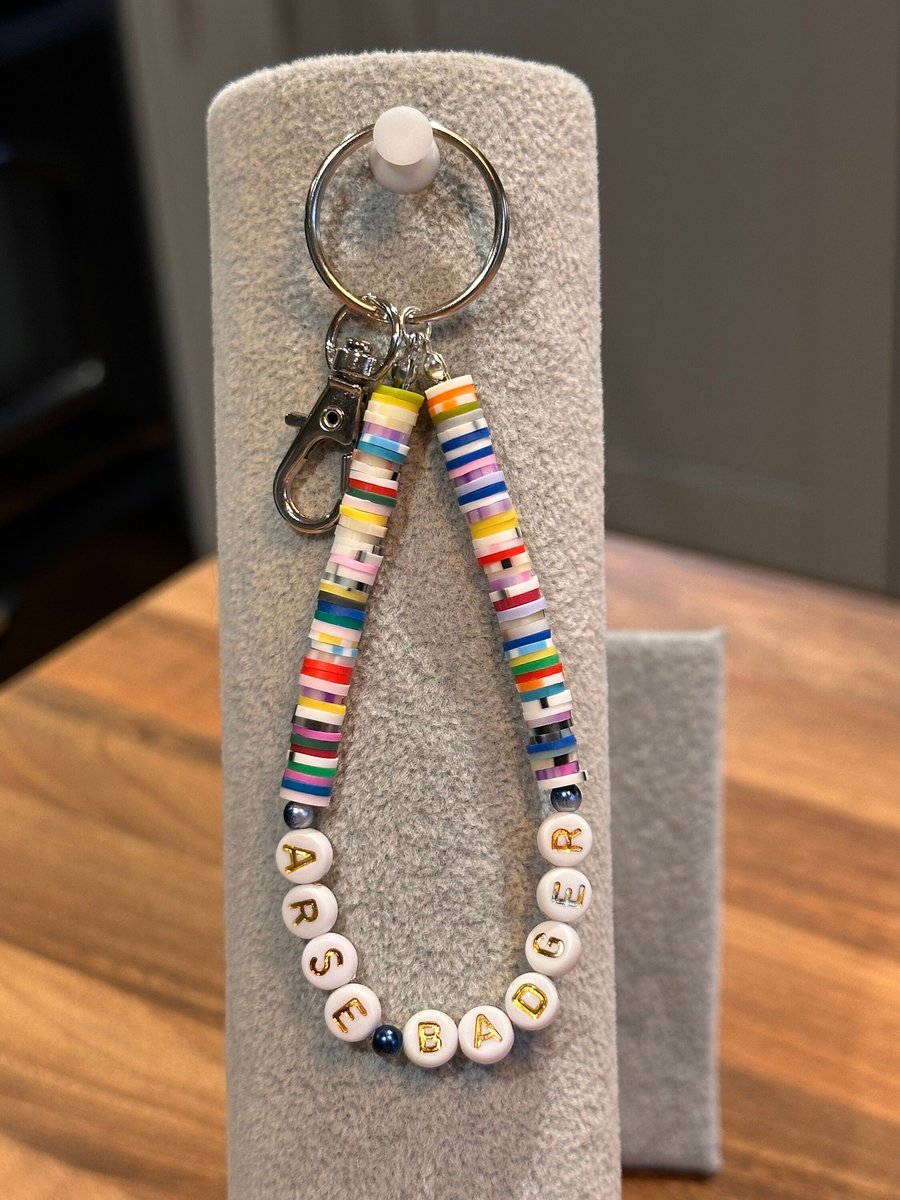 Unique Handmade keychain with heishi beads - wordy arse badger
