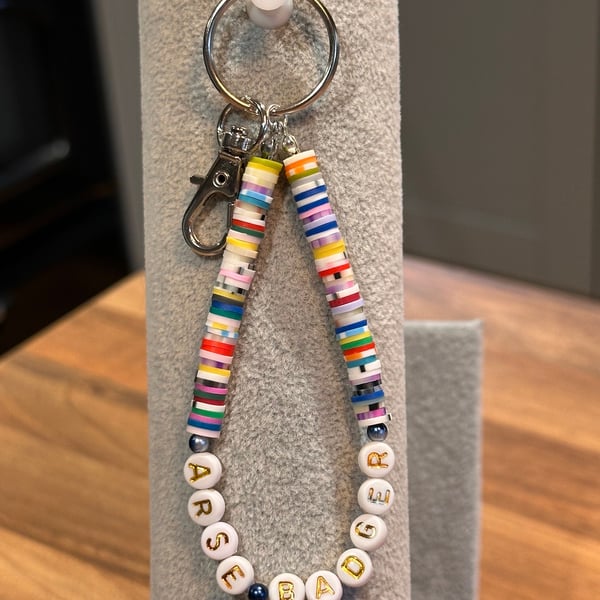 Unique Handmade keychain with heishi beads - wordy arse badger