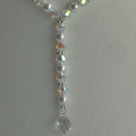 White Pearl, Teardrop Crystal and Sterling Silver Y Necklace