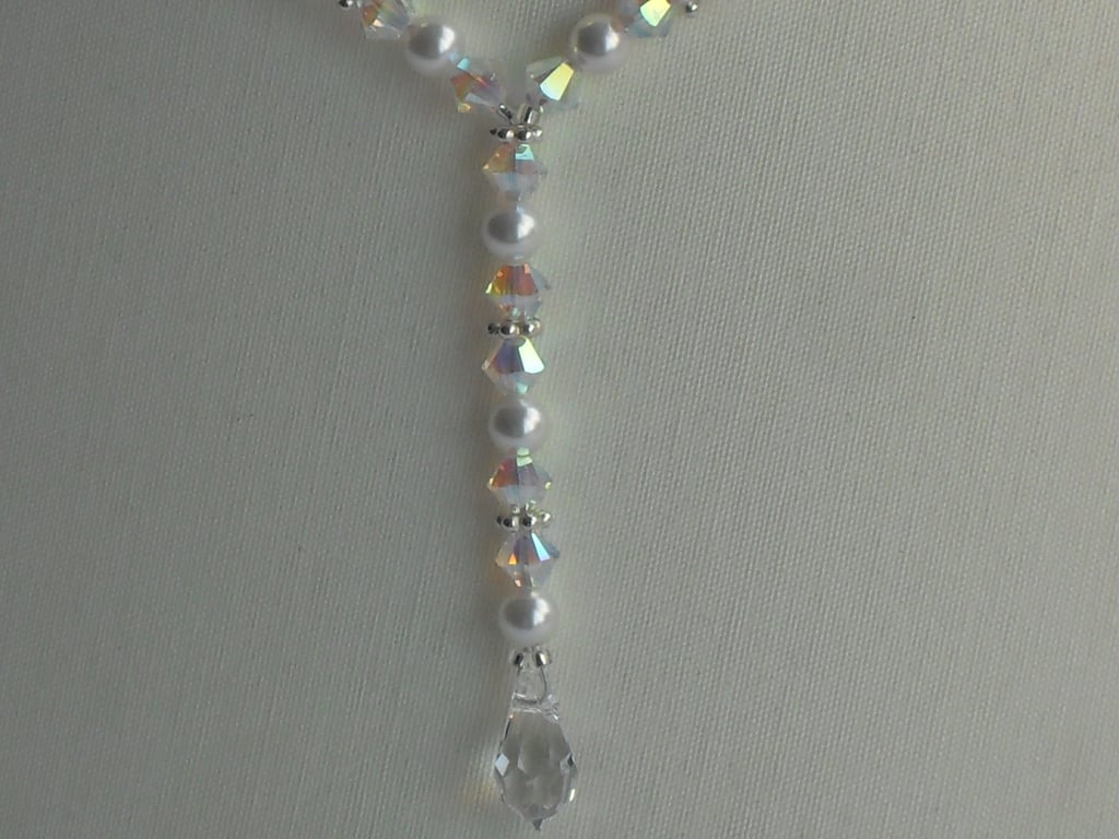 White Pearl, Teardrop Crystal and Sterling Silver Y Necklace