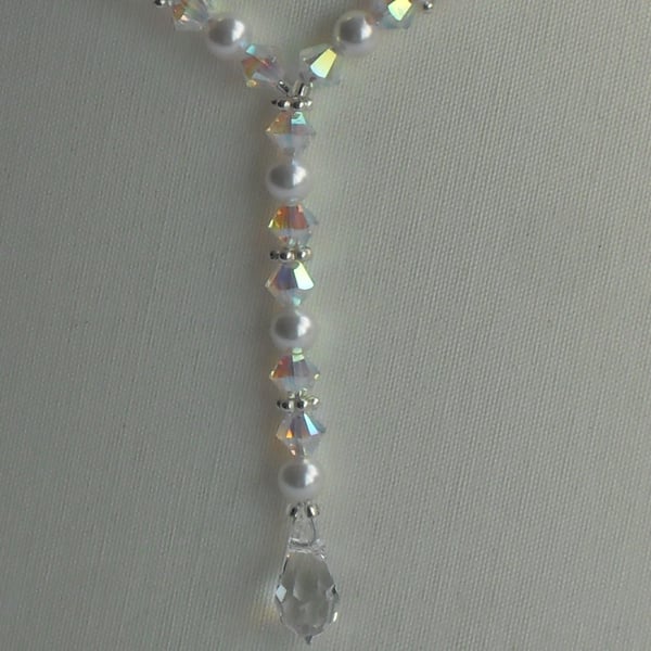 White Pearl, Teardrop Crystal and Sterling Silver Y Necklace