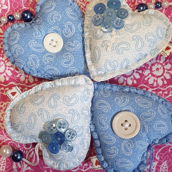 Hanging Hearts x 4. Blue with buttons and beads