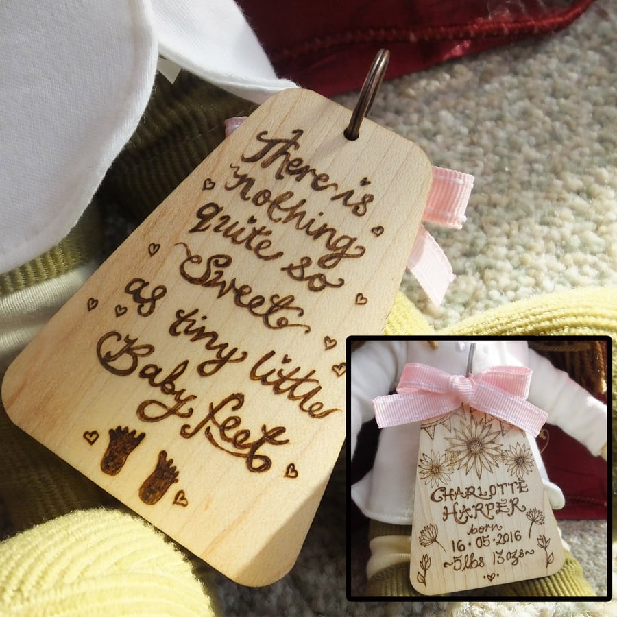 New Baby New Parents Personalised Wooden Pyrography Keyring or Hanger Memento