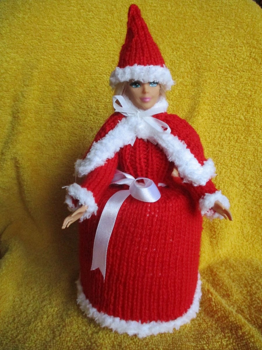 Hand Knitted miss Christmas Doll Spare Toilet Roll Cover