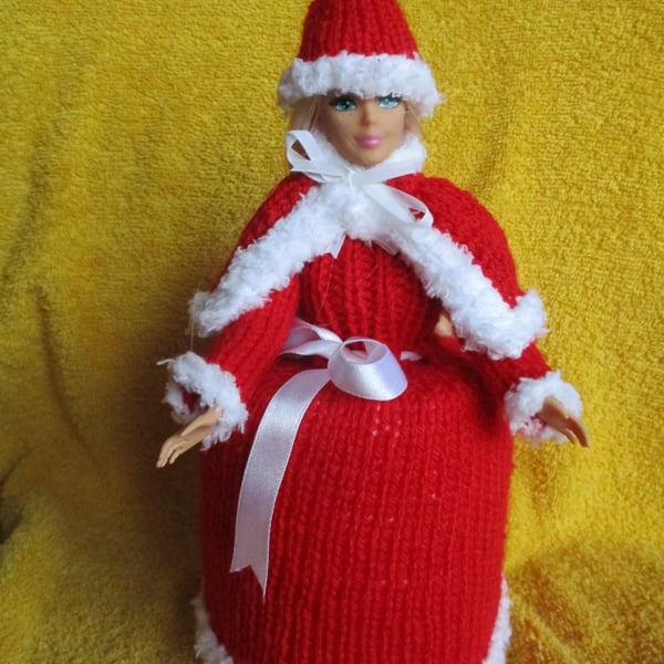 Hand Knitted miss Christmas Doll Spare Toilet Roll Cover