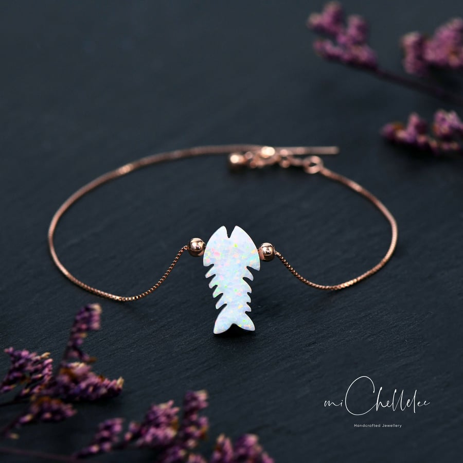 White Opal Fish With 925 Sterling Silver Bracelet