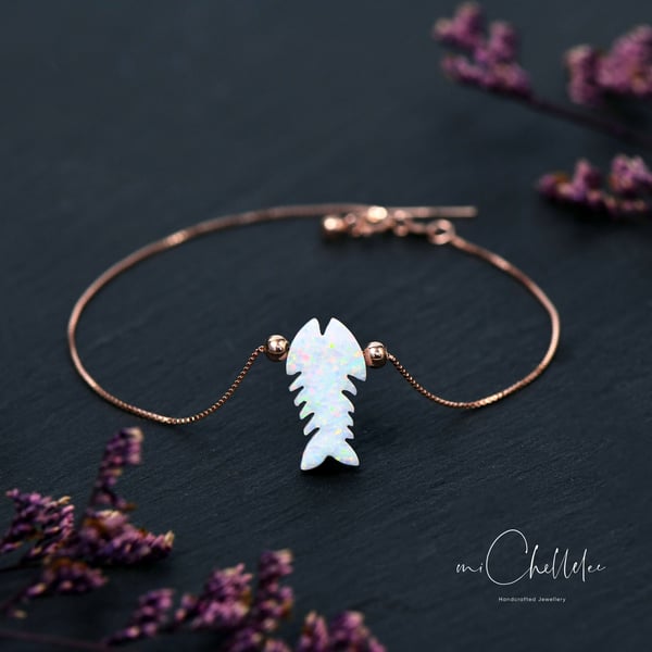 White Opal Fish With 925 Sterling Silver Bracelet