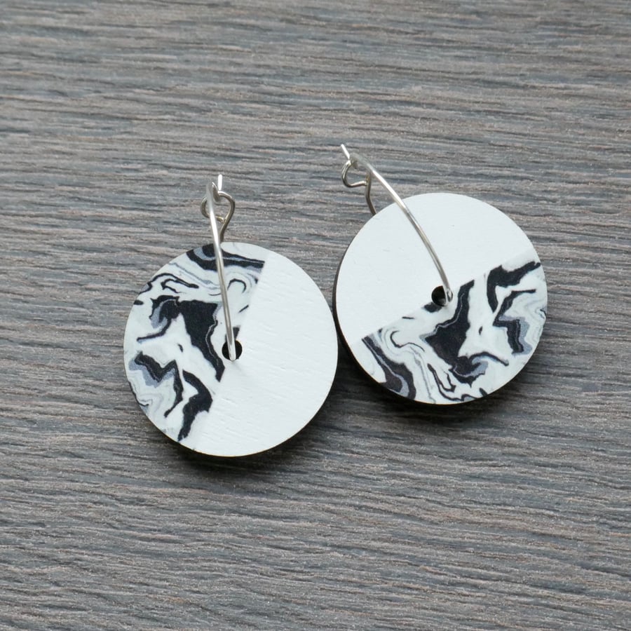 Abstract black and white marble hoop earrings - dangle spinning charms